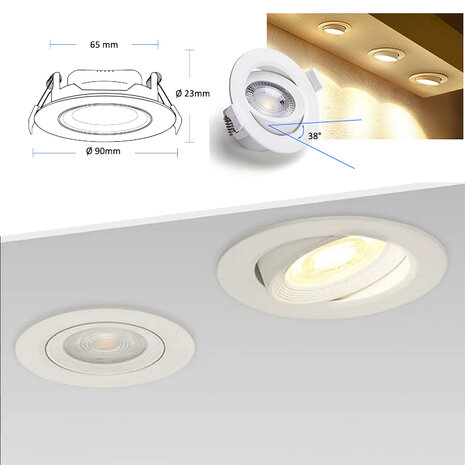 LED Inbouwspot 5W 3000k - warm&nbsp;wit - verstelbaar spot &oslash;68-75mm