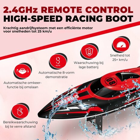 Speed Race Boat &ndash; HJ808 RC Speedboot met 2.4 GHz Afstandsbediening - Rood