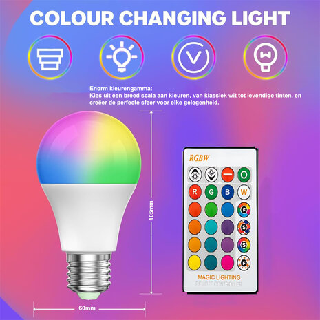 RGBW LED Kleurveranderende Lamp &ndash; E27 &ndash; 7W &ndash; met Afstandsbediening
