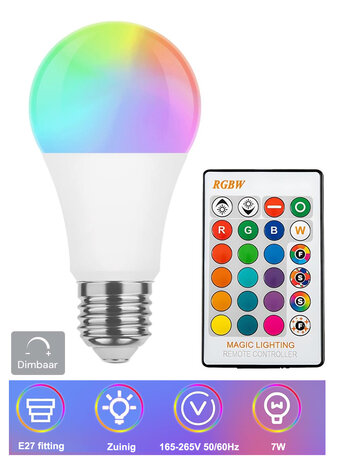 RGBW LED Kleurveranderende Lamp &ndash; E27 &ndash; 7W &ndash; met Afstandsbediening
