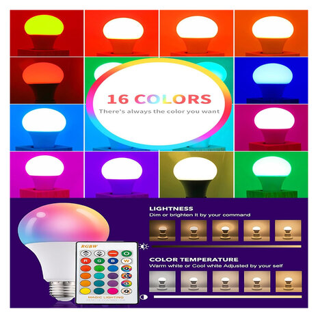 RGBW LED Kleurveranderende Lamp &ndash; E27 &ndash; 15W &ndash; met Afstandsbediening