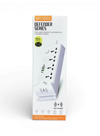 Universeel stekkerdoos met 4 stopcontacten en 3 USB-ingangen - 2 USB-C 20W + draadloze oplader voor mobiele apparaten z