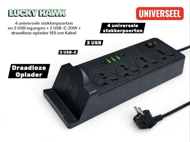 Universeel stekkerdoos met 4 stopcontacten en 3 USB-ingangen - 2 USB-C 20W + draadloze oplader voor mobiele apparaten z