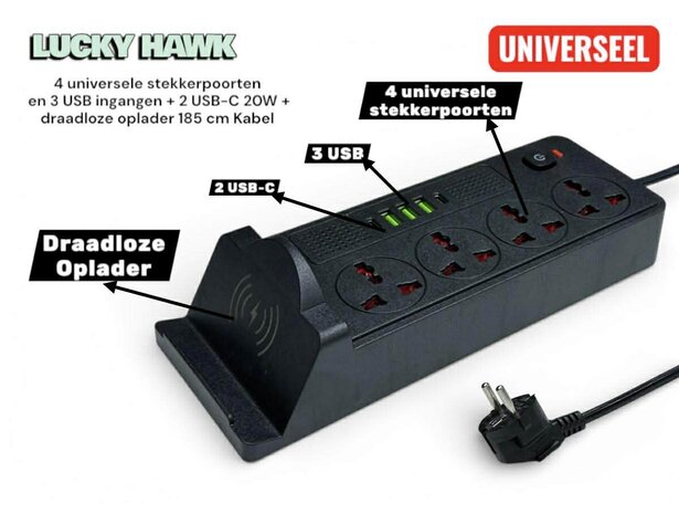 Universeel stekkerdoos met 4 stopcontacten en 3 USB-ingangen - 2 USB-C 20W + draadloze oplader voor mobiele apparaten z