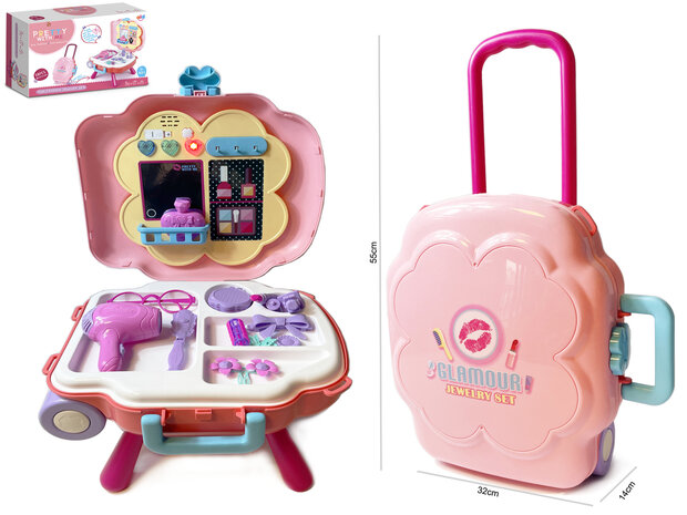 Toy box beauty set - 2 in 1 trolley and dressing table - with light and sound-beauty play pink