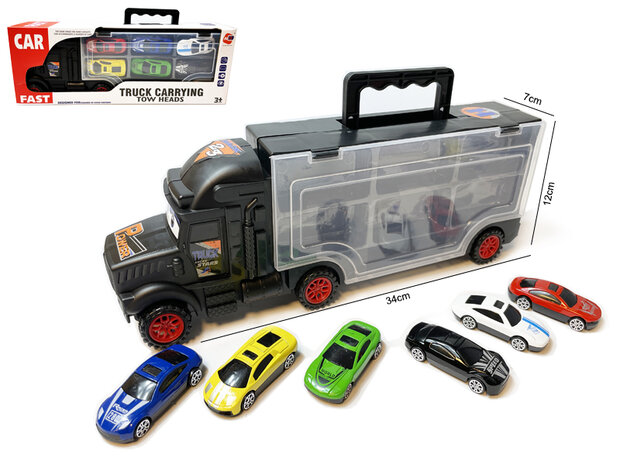 Vrachtwagen transporter truck - speelgoed mini auto's - transporter 6-delig set koffer - Oplegger - 34CM