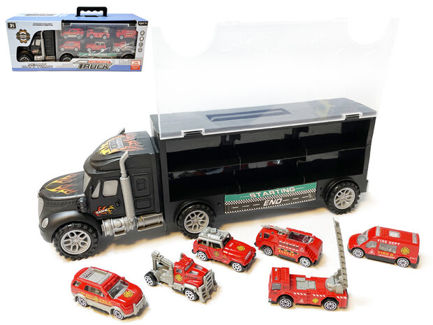 Brandweer vrachtwagen transporter truck - speelgoed mini brandweerauto's - 6-delig set koffer - Oplegger voor 12 brandweerwagens - 39cm
