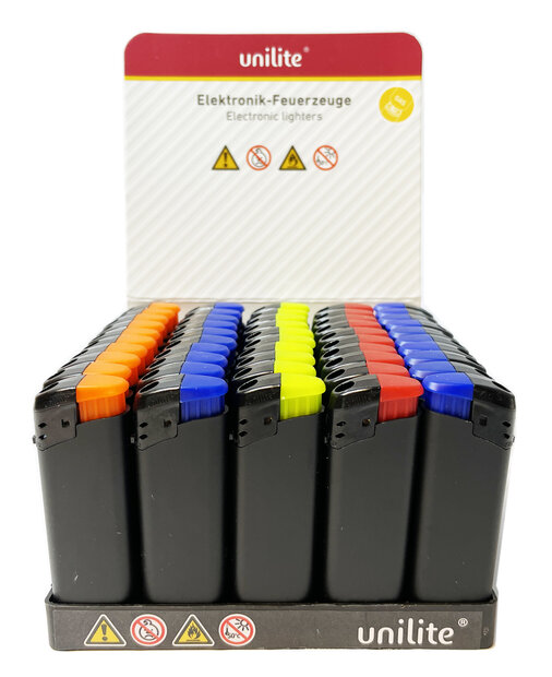 Klik Aanstekers Unilite - Matt rubber zwart - 50 stuks in tray - Mix kleur&nbsp;Dopjes navulbaar
