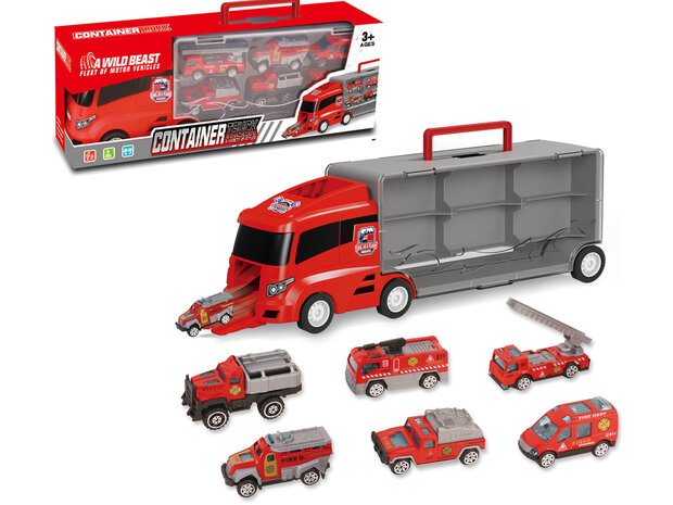 Brandweer vrachtwagen set - transporter - 6-delig set - truck koffer - 36.4 cm