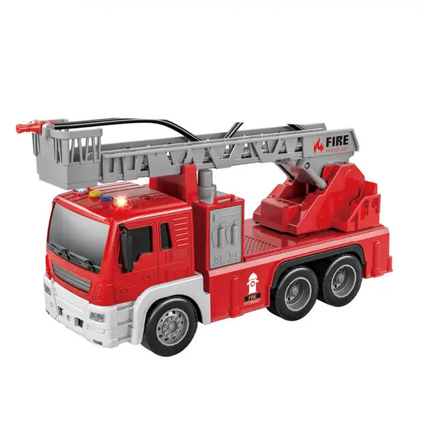 Brandweerwagen - met sproeislang en ladderwagen - Frictie -  geluid en lichtjes - 25 cm