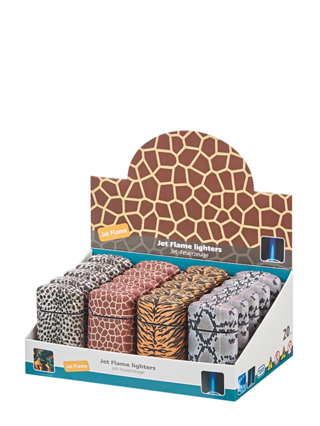 Jet Flame aanstekers  - turbo aansteker - 20 stuks in display - 360&deg; Animal print - soft touch
