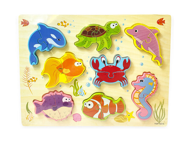 Houten inlegpuzzel zeedieren speelgoed - vormen puzzel bord met waterdieren - 30x22.5 CM