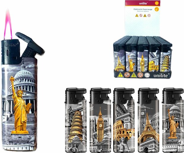 Turbo Aanstekers 50 stuks - navulbaar - monumenten print - Unilite &reg; Aansteker&nbsp;Jet flame