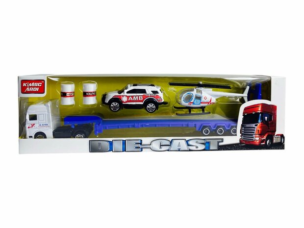 Vrachtwagen Ambulance + auto en helikopter - DIE-CAST - autotransporter + 2 mini auto's 3in1