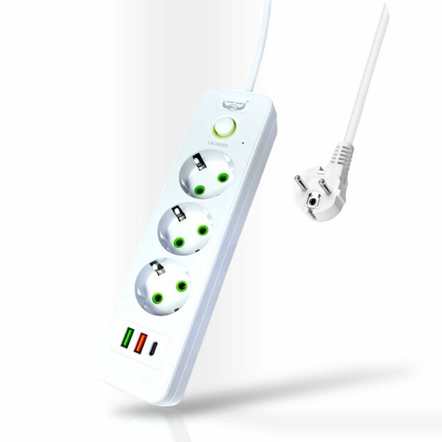 Stekkerdoos met 3 Stopcontacten, 2 USB-poorten + 1 USB-C - 2500W &ndash; 2 Meter &ndash; Wit &ndash; Lucky Hawk