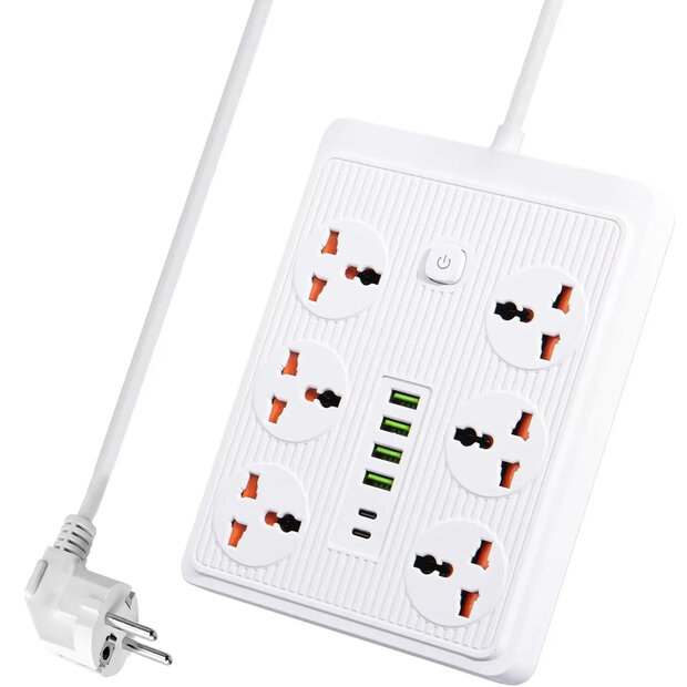 Premium Stekkerdoos met 6 Stekkers en 6 USB ingangen + 2 USB-C 20W Snellader 185 cm Kabel 