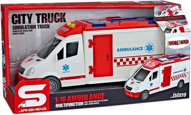 Ambulance speelgoed voertuig 25cm - pull back aandrijving - met sirene-geluid en lichtjes op - S.O.S 112 