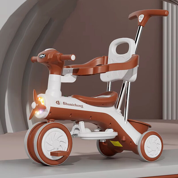 Kinder driewieler met duwstang - Muziek en Licht - Wit&amp;Bruin