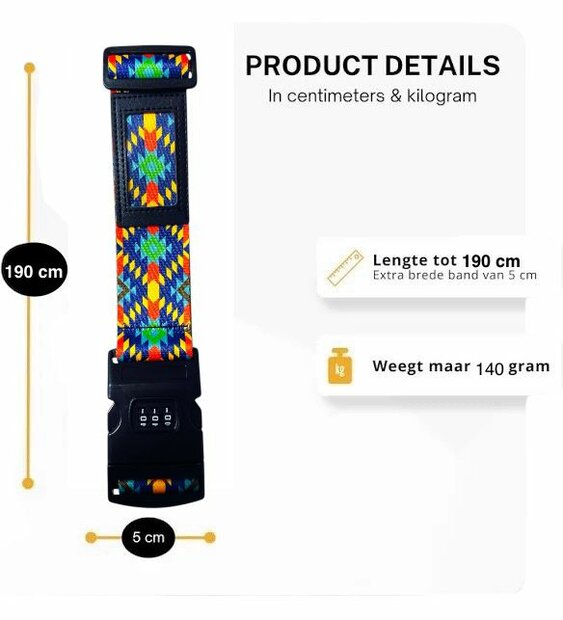 Kofferriem met Cijferslot &ndash; Verstelbare Kofferband tot 190CM - met ID-label &ndash; Extra Veiligheid &amp; Herkenbaarheid - Bagageriem