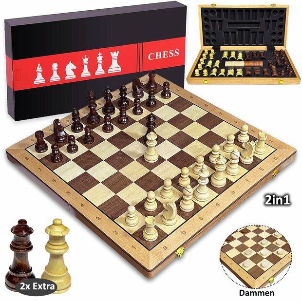 Schaak &amp; Dam set 2in1 - 43x43 cm - opvouwbaar houten schaakbord - CHESS