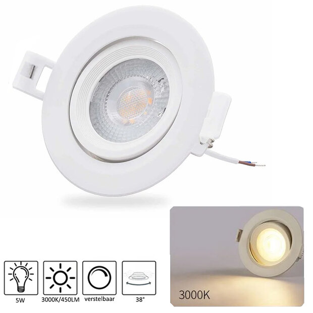 LED Inbouwspot 5W 3000k - warm&nbsp;wit - verstelbaar spot &oslash;68-75mm