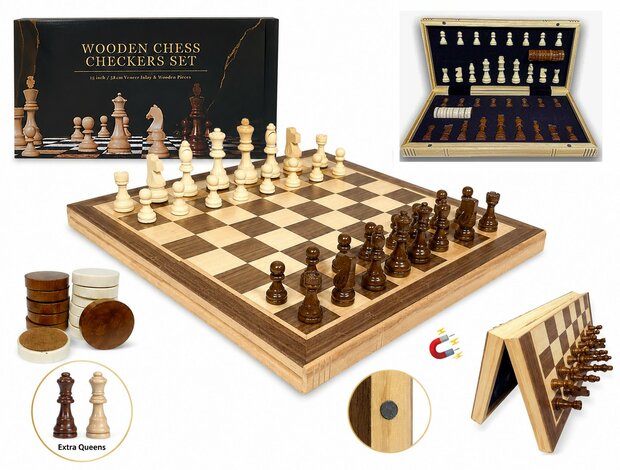 Wooden Chess Checkers set -  Luxe Magnetische 2-in-1 Schaak- en Dambord - Eikenhout - inklapbaar schaakbord