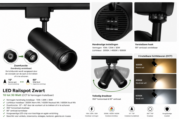 LED Railspot A++ Zwart - 10 tot 30 Watt&nbsp;(CCT, handmatig instelbaar) Lichtkleur: instelbaar naar 3000K, 4000K, 6000K (CCT, handmatig instelbaar)