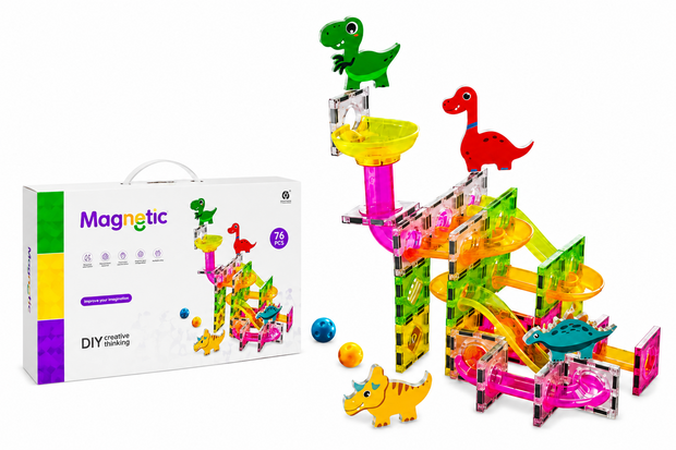 Magnetische Knikkerbaan Dino 76-delig &ndash; Bouwset voor Kinderen met Dinosaurussen, Ballen &amp; Transparante Magnetische Bouwstenen