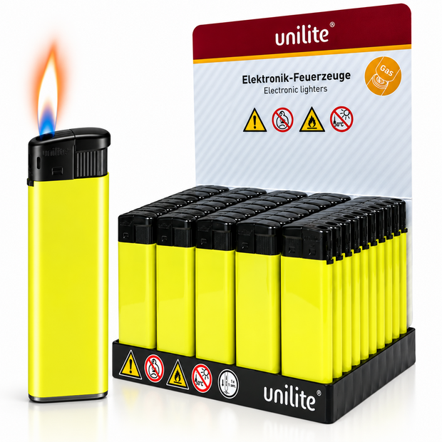 Unilite&reg; NC Gele Blanco Bedrukbare Aanstekers &ndash; Zacht vlam - 50 stuks