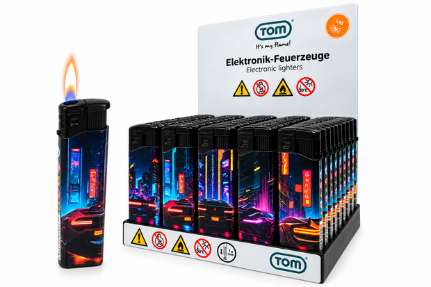 TOM&reg; Night Rider Aanstekers &ndash; Stoere Auto Print Aanstekers (50 stuks) &ndash; Navulbaar &amp; Verstelbaar vlam