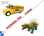Speelgoed Schoolbus + Dinosaurus STEGOSAURUS met licht en geluid Voordeel pak 2 Stuks | Incl. Batterij