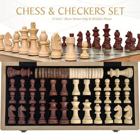 CHess & Checkers Set - Schaken en dammen 2in1 - 38X38CM - beuken hout 
