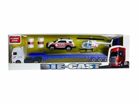 Vrachtwagen Ambulance + auto en helikopter - DIE-CAST - autotransporter + 2 mini auto's 3in1