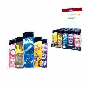 Aanstekers - klik - Navulbare Fix Flame  - 50 stuks per tray Unilite Rock-'n-roll Print