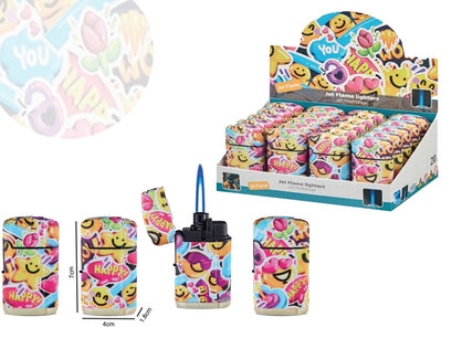 Jet Flame aanstekers - turbo aansteker - 20 stuks in display - 360° Happy Smiley print - soft touch Jet Flame aanstekers - turbo aansteker - 20 stuks in display - 360° Happy Smiley print - soft touch
