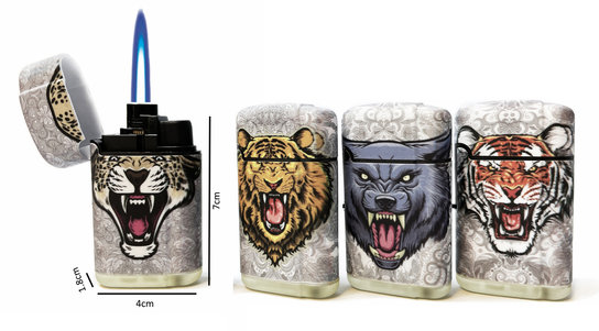 Jet Flame aanstekers - turbo aansteker - 4 stuks in display - 360° Tijger print - soft touch Jet Flame aanstekers - turbo aansteker - 4 stuks in display - 360° Tijger print - soft touch