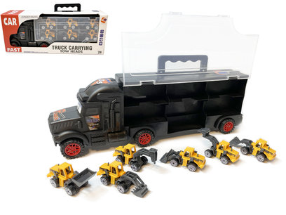 Bouw vrachtwagen transporter truck - speelgoed mini werkvoertuigen - transporter 6-delig set koffer - Oplegger - 34cm Bouw vrachtwagen transporter truck - speelgoed mini werkvoertuigen - transporter 6-delig set koffer - Oplegger - 34cm